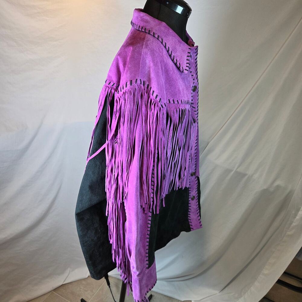 Bob Mackie Wearable Art 2X Leather Fringe Western Jacket Purple Black - Picture 3 of 16